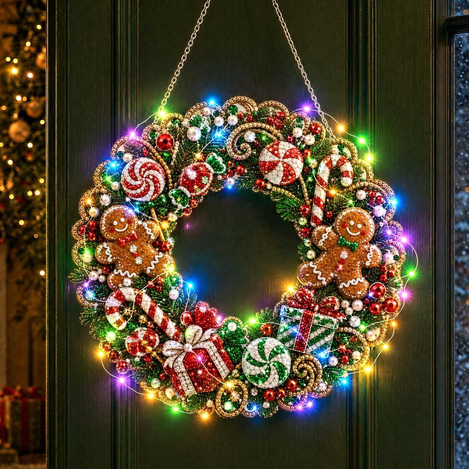 String Candy Kit Christmas Diamond Painting Wreath Kit with LED String Lights, Pearl ...