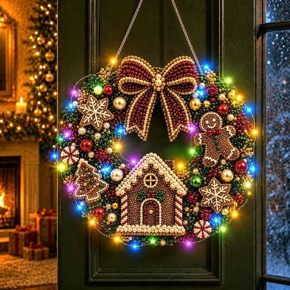 Christmas Diamond Painting Wreath Kit with LED String Lights, Pearl Diamond Art Kit for Adults, DIY Acrylic Christmas Wreath for Door Wall Decor