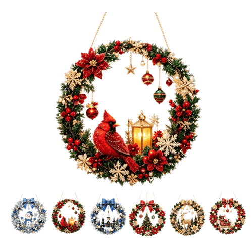 Christmas Diamond Painting Wreath Suncatcher Hanging Ornament Kit, DIY Acrylic Holiday Hanging Ornament, Christmas Wreath Decor for Door Wall Window Home Decoration (Cardinal),🐦 Cardinal A6