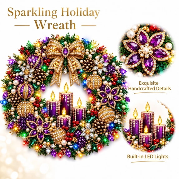 Christmas Diamond Painting Wreaths For Front Door Hanging Ornament Light Up Pearl Diamond Art Kits For Adults Christmas Decorations For Window Wall Decor(9.84")
