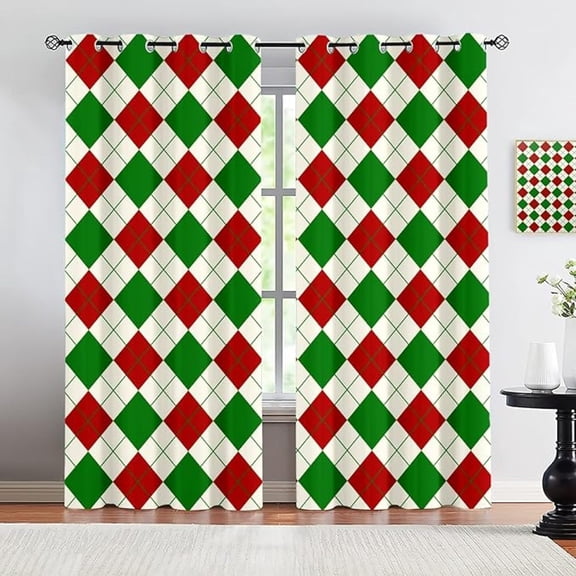 Christmas Diamond Pattern Curtains For Bedroom, Green And Red Geometric Squares Window Drapes, Room Darkening Grommet Curtains For Living Room Bedroom 53"W x 63"L (Pack of 2)