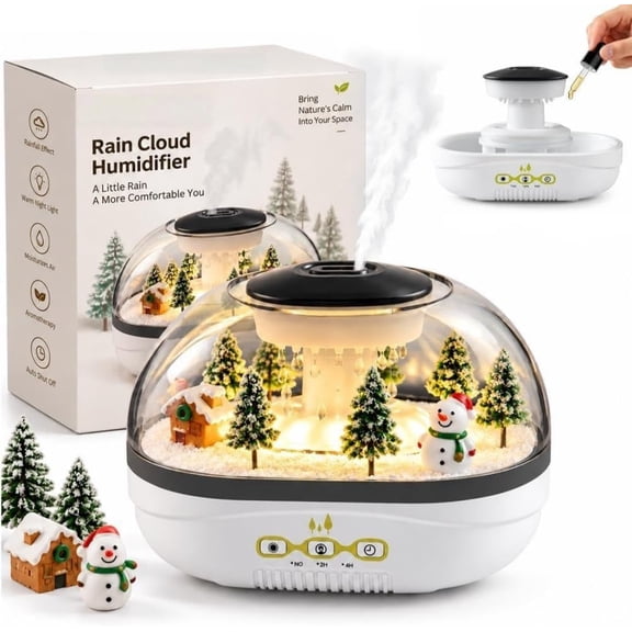 Christmas Diffuser, Christmas Village Humidifier Diffuser, Raindrop Aroma Diffuser with Fine Cool Mist, Warm LED Night Light, Quiet Ultrasonic Humidifier for Bedroom Holiday Decor, Snowy Scenery