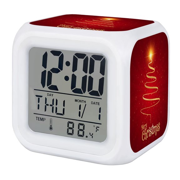 Christmas Digital Alarm Clock for Bedrooms, Smart LED Alarm Clock with 7 Color Changing Night Light, Abstract Golden Sparkle Xmas Tree Red Winter Silent Wake Up Clocks for Sleep Study Cooking