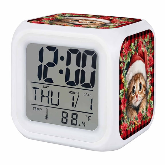 Christmas Digital Alarm Clock for Bedrooms, Smart LED Alarm Clock with 7 Color Changing Night Light, Checkered Cat Red Poinsettia Pine Needle Berry Silent Wake Up Clocks for Sleep Study Cooking