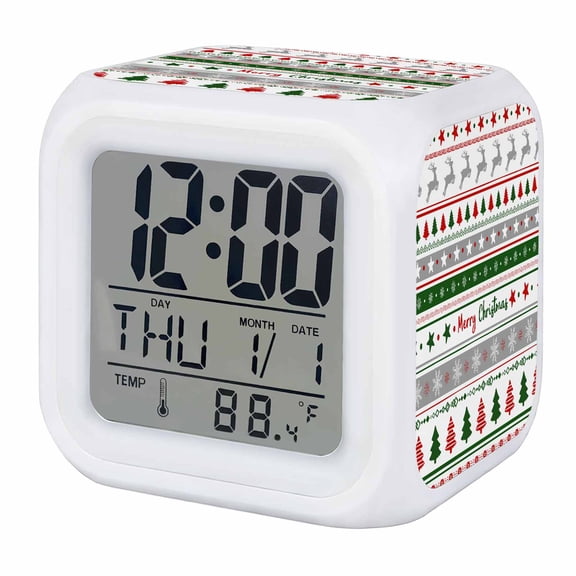 Christmas Digital Alarm Clock for Bedrooms, Smart LED Alarm Clock with 7 Color Changing Night Light, Red Green Xmas Tree Snowflake Striped Silent Wake Up Clocks for Sleep Study Cooking 3.2"x3.2"