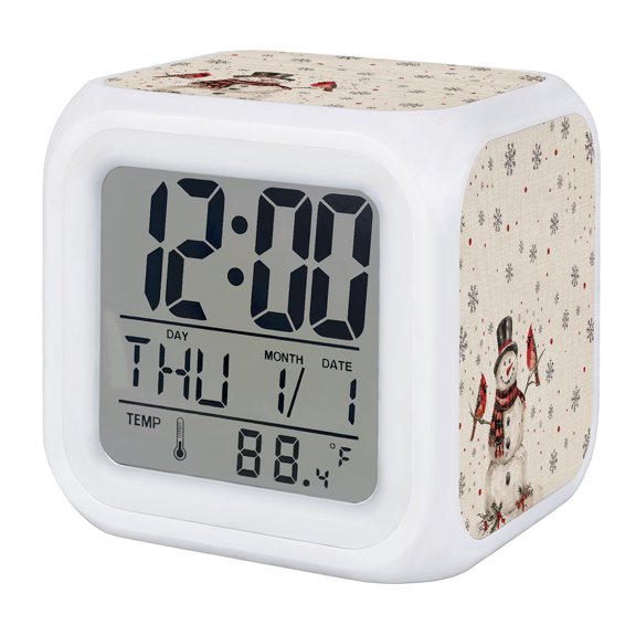 Christmas Digital Alarm Clock for Bedrooms, Smart LED Alarm Clock with 7 Color Changing Night Light, Snowman Snowflake Red Xmas Birds Rustic Silent Wake Up Clocks for Sleep Study Cooking 3.2"x3.2"