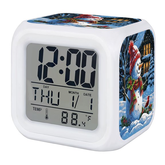 Christmas Digital Alarm Clock for Bedrooms, Smart LED Alarm Clock with 7 Color Changing Night Light, Winter Snowman Xmas Tree Snowflake Berry Silent Wake Up Clocks for Sleep Study Cooking 3.2"x3.2"