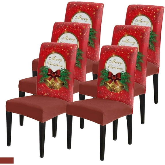 Christmas Dining Chair Covers, Merry Christmas Bells Pine Branches Red Stretch Parsons Chair Slipcovers Protector Chair Cover for Dining Room, Set of 6