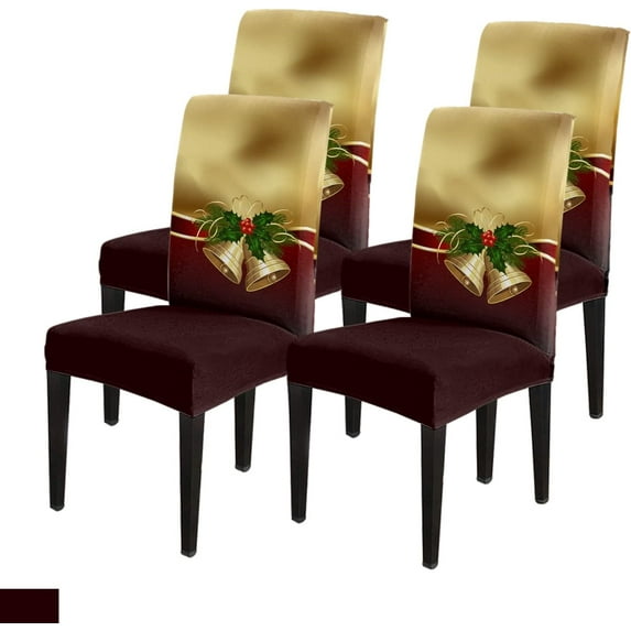 Christmas Dining Chair Covers, Merry Christmas Ribbons Bell Winter Xmas Poinsettia Leaves Stretch Parsons Chair Slipcovers Protector Chair Cover for Dining Room, Set of 4