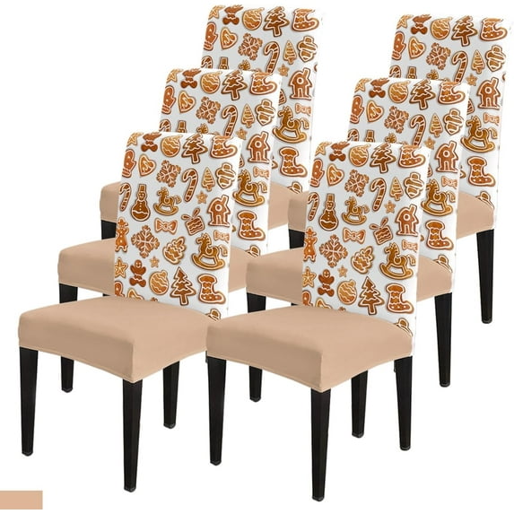 Christmas Dining Chair Slipcover, Cartoon Gingerbread Man Trees Candy Canes Snowman Cookies Stretch Covers Removable Parsons Protector for Kitchen Room Party, Set of 6
