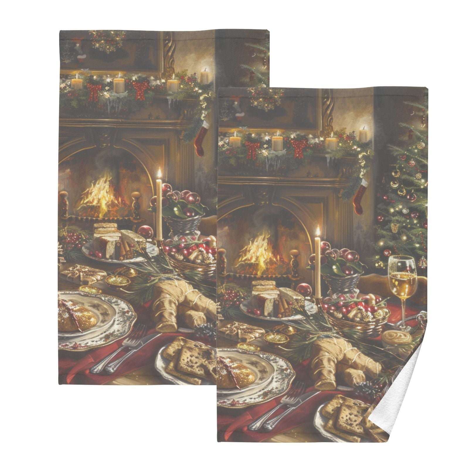 Christmas Dinner Hand Towels Cotton Bath Towels Large Face Towels Absorbent for Bathroom 2 Packs