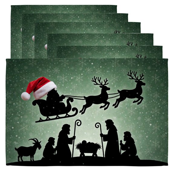 Christmas Dinner Place Mats A christmas scene with a santa sleigh being pulled by reindeer,6 Pieces,12x18 in,Rustic Christmas Table Decor