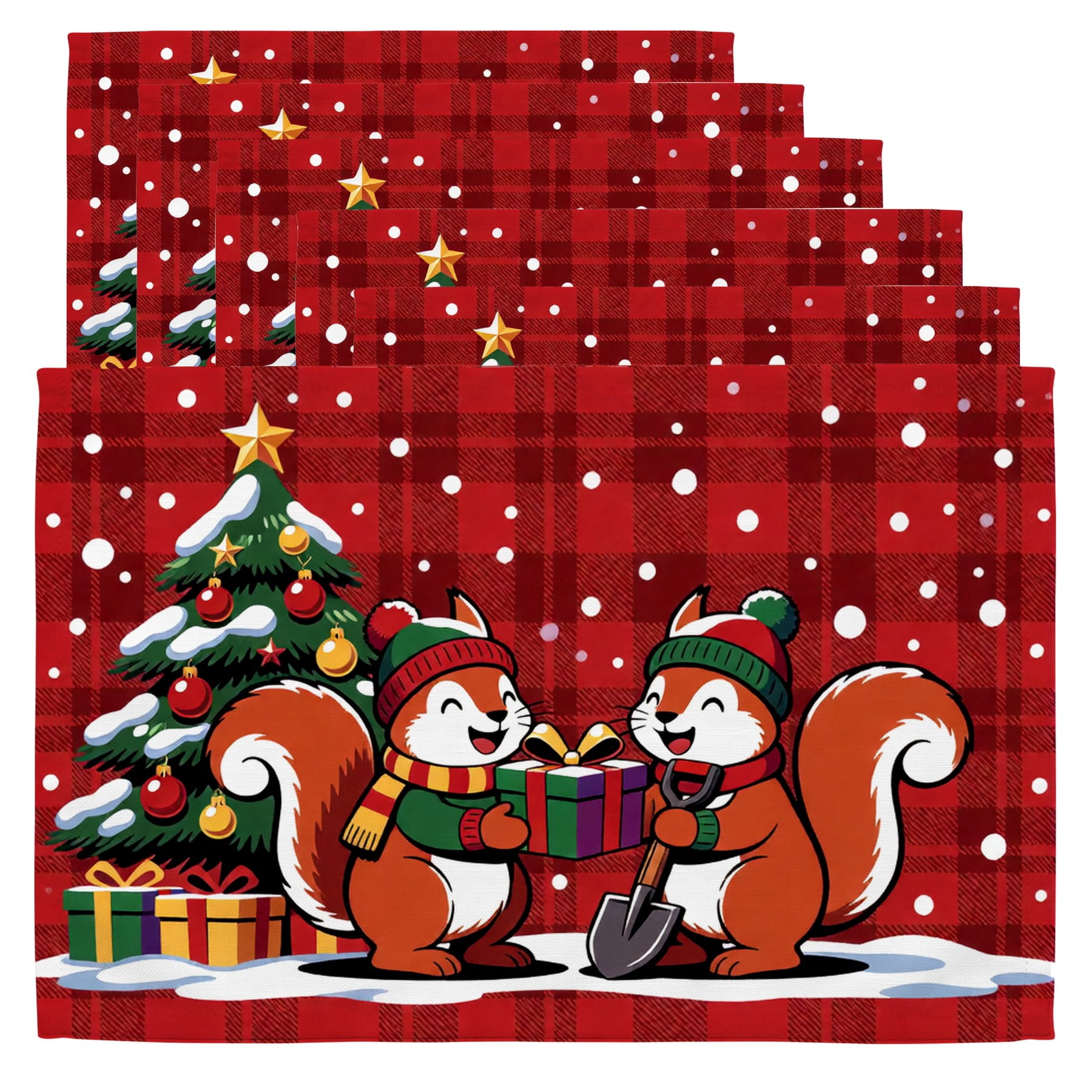 Christmas Dinner Table Mats Two squirrels holding presents in front of ...