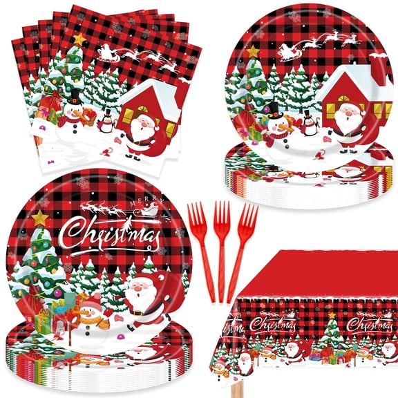 Christmas Dinnerware Set, 97 Piece Disposable Party Supplies for 24 Guests, Holiday Plates and Napkins with Forks & Tablecloth, Xmas Themed Table Decor for Holiday Party