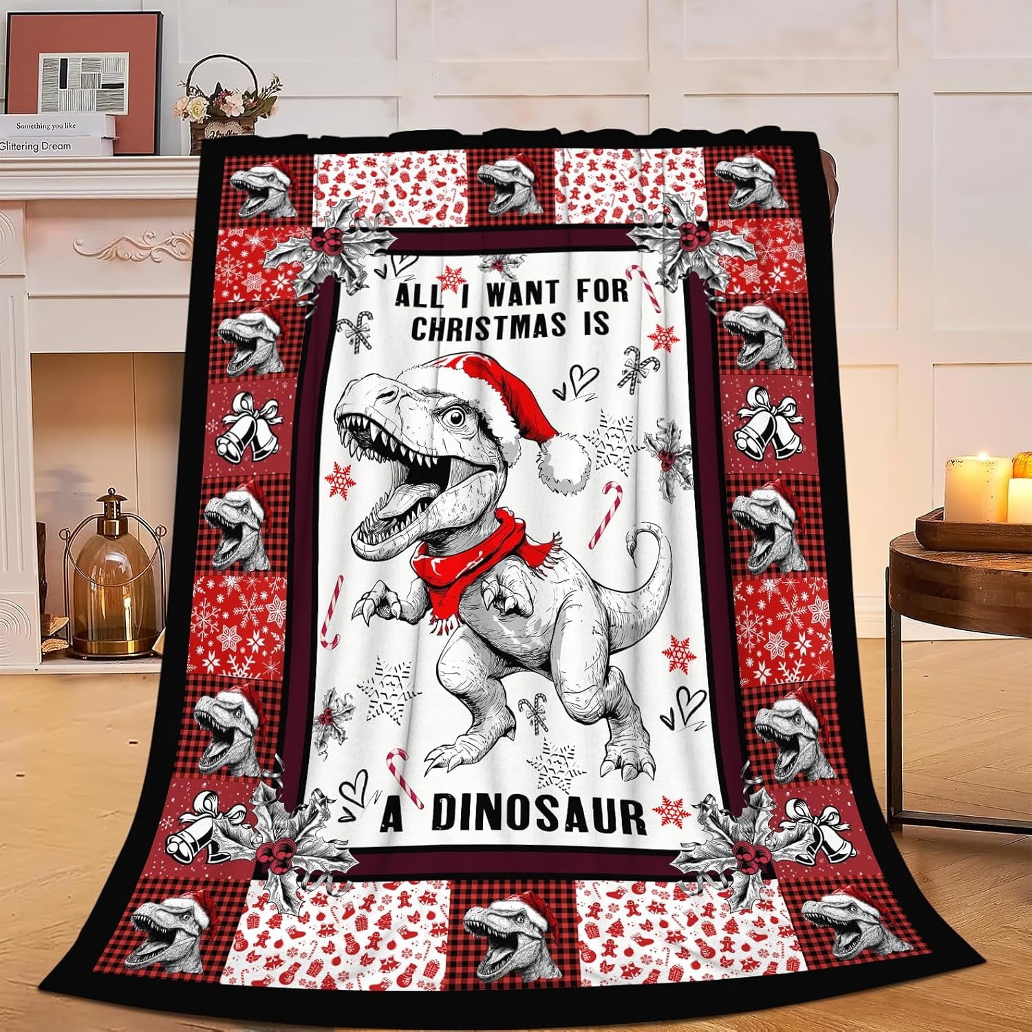 Christmas Dinosaur Blanket Cute Dinosaur Flannel Plush Throw Blanket Cozy Dinosaur Decor Fleece Bedding Stuff Blanket Gifts for Dinosaur Lover Girls Boys Kids Adults Women Bed Travel 40"x50"