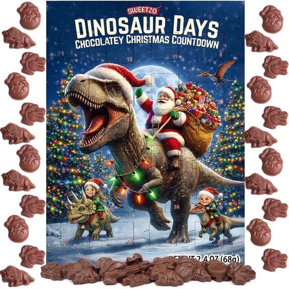 Christmas Dinosaur Candy Advent Calendar, 24 Chocolatey Treats Inside, 2.4 Ounces