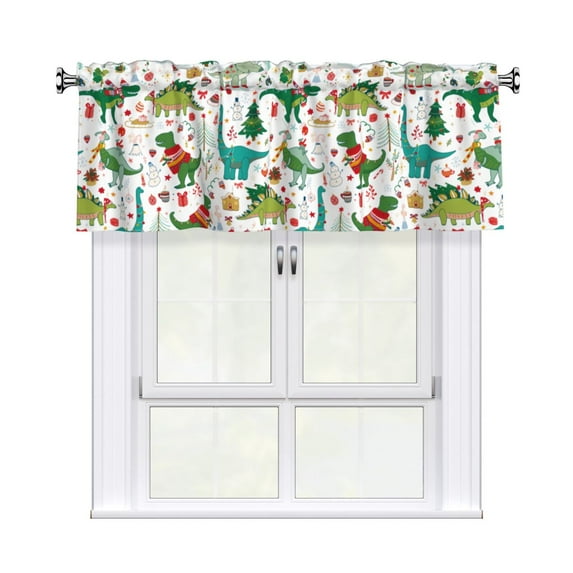 Christmas Dinosaur Curtain Valance, Light Filtering Short Rod Pocket Window Treatment For Living Room, Bedroom, Kitchen, Bathroom, 1 Panel, 54" W X 18" L