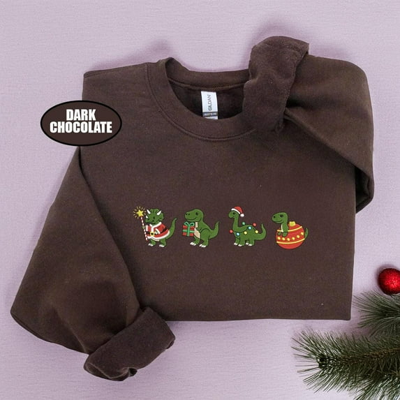 Christmas Dinosaur Embroidered Sweatshirt, Cute Holiday Dino Crewneck, Matching Family Christmas Shirt, Gildan Winter Pullover