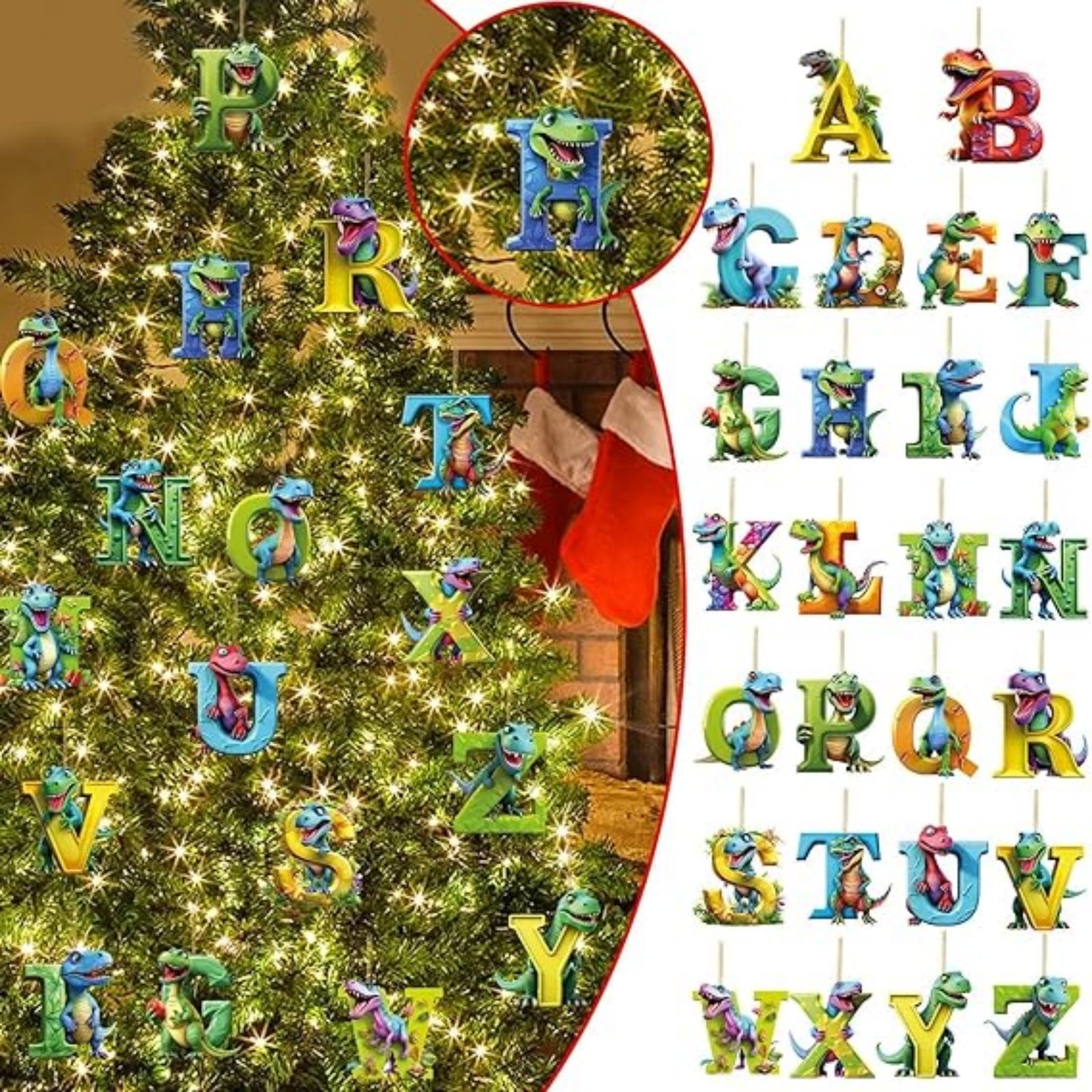 Christmas Dinosaur Ornaments 26 Letter Pendant for Kids Acrylic