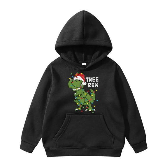Christmas Dinosaur Print Girls Hooded Pullover Casual Winter Wear Cozy Top with Decorative Pocket Graphic Design Winter Fashion (Color:Black,Size:11-12 Years)
