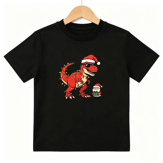 Christmas Dinosaur T Rex Santa Boys Graphic Tee, Cute Holiday 100% Cotton Kids Short Sleeve T-Shirt 4-13Y