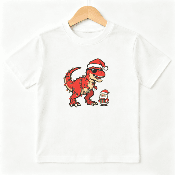 Christmas Dinosaur T Rex Santa Boys Graphic Tee, Cute Holiday 100% Cotton Kids Short Sleeve T-Shirt 4-13Y