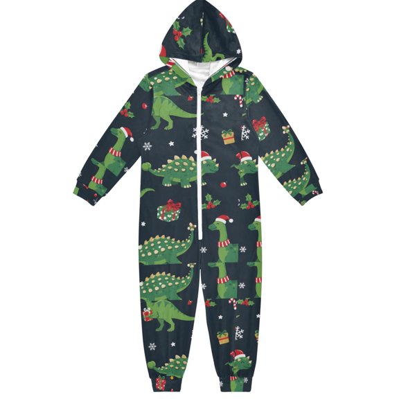 Christmas Dinosaurs Fabric Yard Boys & Girls Hooded One-Piece Pajamas Warm Crystal velvet Hooded Long Sleeve Loungewear Jumpsuit Unisex