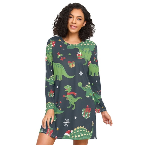 Christmas Dinosaurs Fabric Yard Nightgowns for Women Soft Sleepwear Long Sleeves Ladies Sleepshirt Nightdress