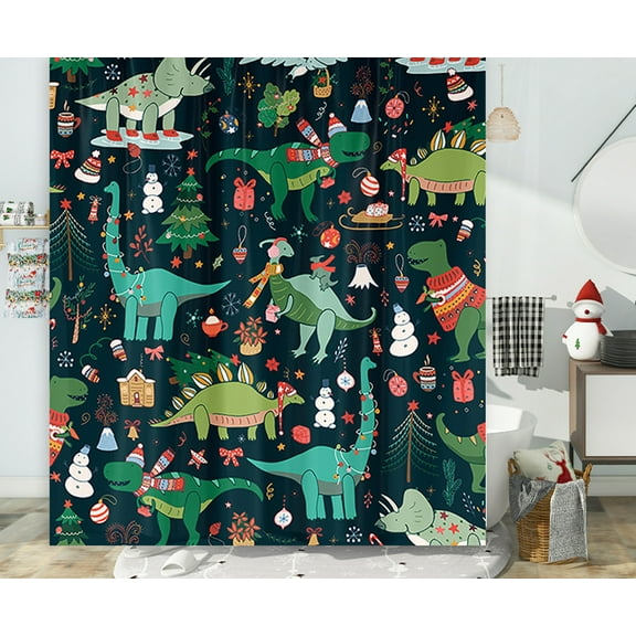 Christmas Dinosaurs Shower Curtain, Cute Dino Colorful Kid Funny Cartoon Animal Boys Kids Bathroom Curtain, Waterproof Fabric Winter Snowman Bathroom Accessories Sets with Hooks, 72X72in