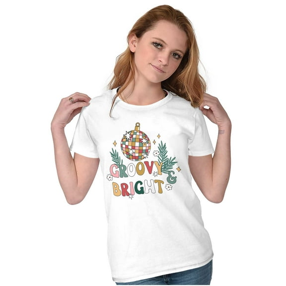 Christmas Disco Ball Groovy Bright Womens Slim Fit Graphic Tee Brisco Brands L