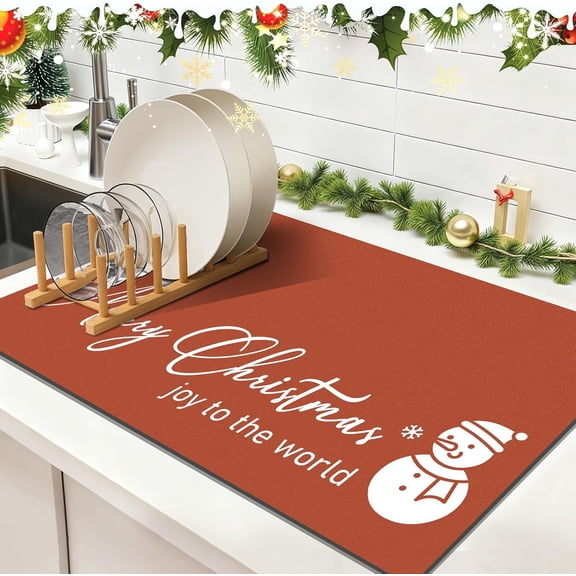 Christmas Dish Drying Mat, 12" x 20" Super Absorbent & Cuttable Dish Mat with Hello Sunshine Pattern, Hide Stain Drying Mat for Kitchen Counter Coffee Maker Dining Room Decoration, Red