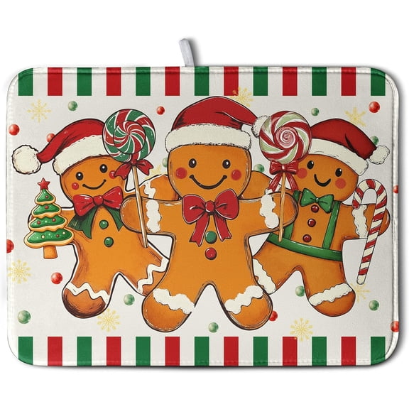 Christmas Dish Drying Mat Gingerbread Man Candy Cane Xmas Tree Drying Mats for Kitchen Counter Winter Holiday Dish Drainer Pad Absorbent Microfiber Dish Draining Mat 18x24 Inch