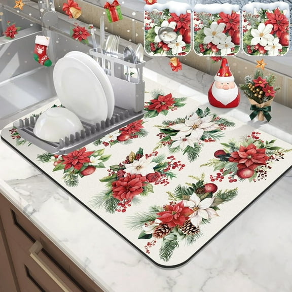 Christmas Dish Drying Mat for Kitchen Counter, 12"x20" Absorbent Christmas Bouquet Drying Mat with Pinecone, Xmas Holiday Dish Rack Mat Coffee Maker Dining Room Decoration