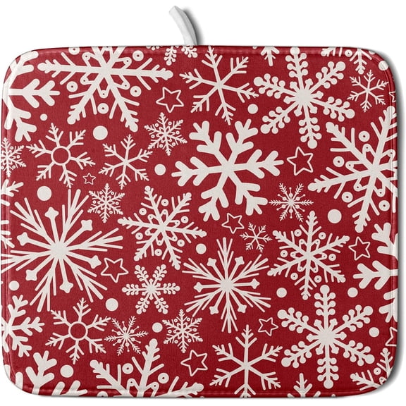 Christmas Dish Drying Mat for Kitchen Counter 16x18 Dark Red Snowflake Winter Xmas Holiday Absorbent Reversible Microfiber Drying Mats Kitchen Countertop Protector Dishes Drainer Pad