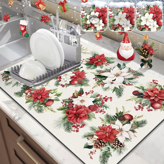 Christmas Dish Drying Mat for Kitchen Counter, 18"x24" Absorbent Christmas Bouquet Drying Mat with Pinecone, Xmas Holiday Dish Rack Mat Coffee Maker Dining Room Decoration