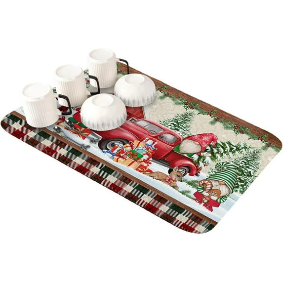 Christmas Dish Drying Mat for Kitchen Counter,Super Absorbent Quick Dry Coffee Bar Mat Pad Thin Diatomaceous Sink Mat Non Slip Dish Drainer Mat 16x18 Xmas Tree Gifts Truck Gnomas Snowman Snowflake Elk