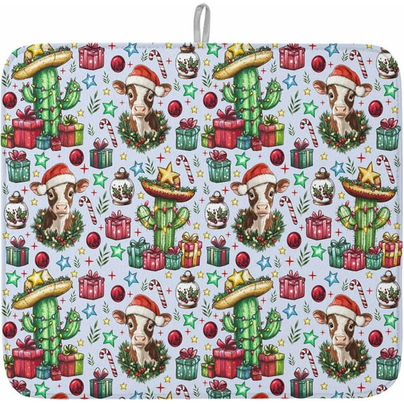 Christmas Dish Drying Mat for Kitchen Counter, Western Cow Cactus Xmas Balls Botanical Rustic Baby Bottle Microfiber Drying Pad, Absorbent Coffee Cup Dishes Drainer Mats 16"x18", 2 Pcs