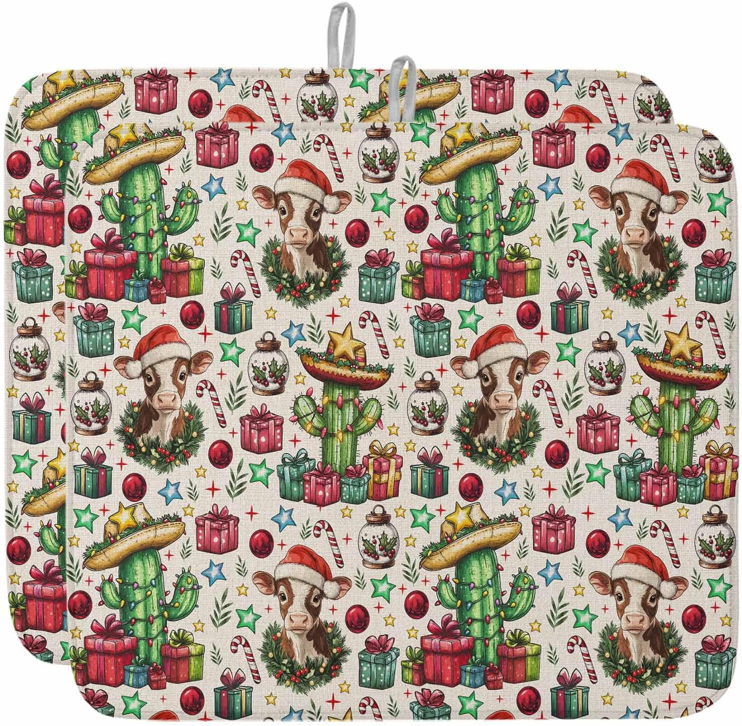 Christmas Dish Drying Mat for Kitchen Counter, Western Cow Cactus Xmas Balls Botanical Rustic Baby Bottle Microfiber Drying Pad, Absorbent Coffee Cup Dishes Drainer Mats 16"x18", 2 Pcs
