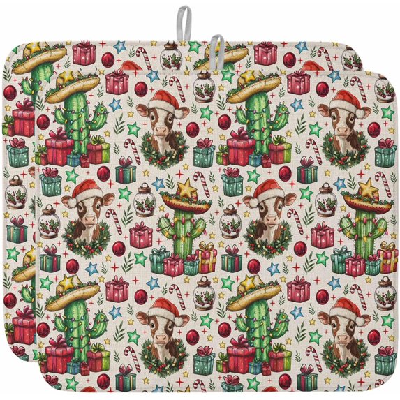 Christmas Dish Drying Mat for Kitchen Counter, Western Cow Cactus Xmas Balls Botanical Rustic Baby Bottle Microfiber Drying Pad, Absorbent Coffee Cup Dishes Drainer Mats 16"x18", 2 Pcs