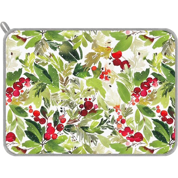 Christmas Dish Drying Mat Red Berry Holly Leaves Absorbent Dish Drainer Protector Red Green Xmas Dry Mat for Kitchen Countertop Tableware Decor, 18 x 24 Inch