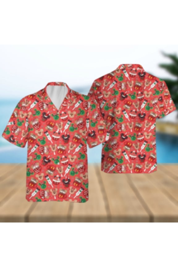 Christmas Disneyland Snacks Hawaiian Shirts Mickey Friends Disneyworld Button Aloha