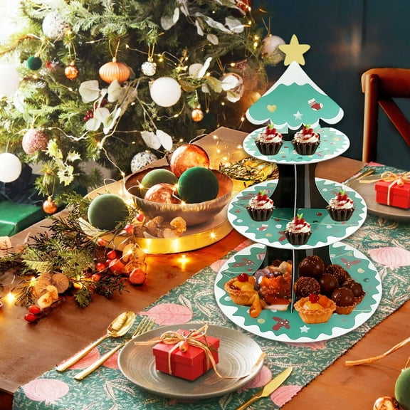 Christmas Disposable Cake Stand Three Tier Paper Dessert Display 39.5x30cm Green Red Santa Tree Design Decorative Tray Holiday Party Buffet Easy Assembly Cleanup