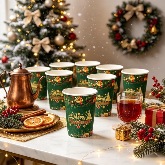 Christmas Disposable Paper Cups 10 Pack, Green Xmas Printed Holiday Drink Cups for Party Table Decor