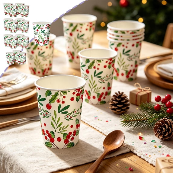 Christmas Disposable Paper Cups 16pcs, Holly Berry Christmas Party Cups, Holiday Beverage Cups for Xmas Party, Family Gathering and Tableware Decor