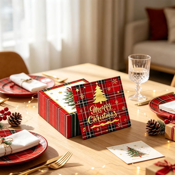 Christmas Disposable Paper Napkins, Red Black Plaid Gold Foil Merry Christmas Tree Printed Party Napkins, Single Use Decorative Napkins for Xmas Holiday Dinner Table Decoration(20pc)