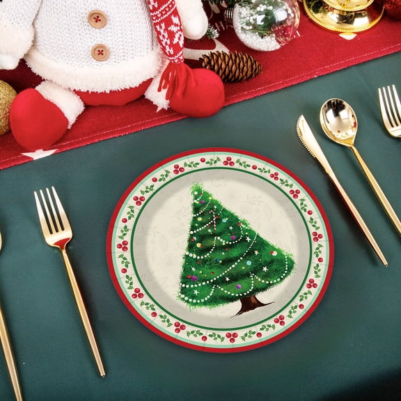 Christmas Disposable Tableware Set – 50 PCS Red Paper Plates, Cups & Napkins with Christmas Tree Design for Holiday Parties, Family Dinners, Birthdays, BBQ & Festive Gatherings