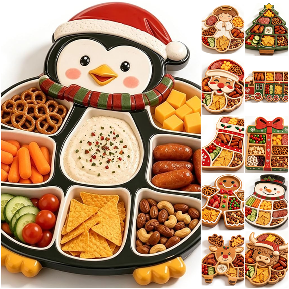 Christmas Divided Charcuterie Platter, Festive Holiday Serving Tray, Multi Compartment Grazing Board with Santa Gingerbread Man Penguin Shapes, for Xmas Dinner & Family Potluck C
