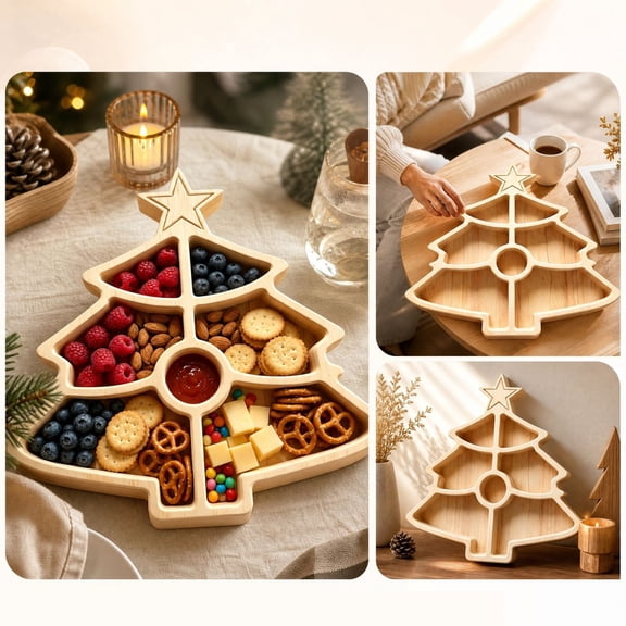 Christmas Divided Wooden Food Tray,Wooden Charcuterie Board with Multiple Compartments,Holiday Serving Platter for Snack(Christmas Tree)