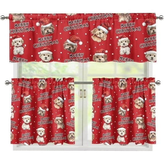 Christmas Dog 3pcs Kitchen Tier and Swag Window Curtain Set for Small Kitchen Window Rod Pocket Window Treatment Tier Curtains for Kitchen