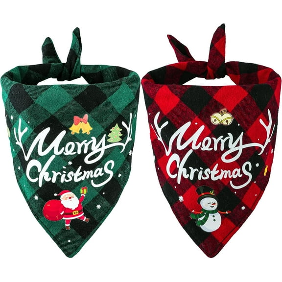 Christmas Dog Bandanas 2 Pack, Classic Plaid Dog Scarf Santa Snowman Merry Christmas Print Triangle Bibs Kerchief, Adjustable Washable Dog Bandanas for Small Medium Large Dogs Cats Pets